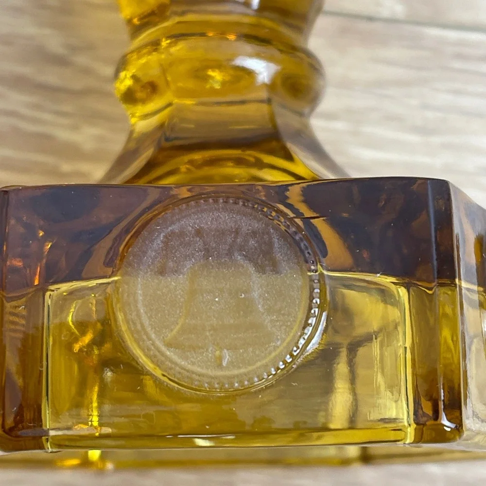 Vintage Amber Glass Hexagon Coin Candlestick Holders Liberty Bell Set of 2 4.5
